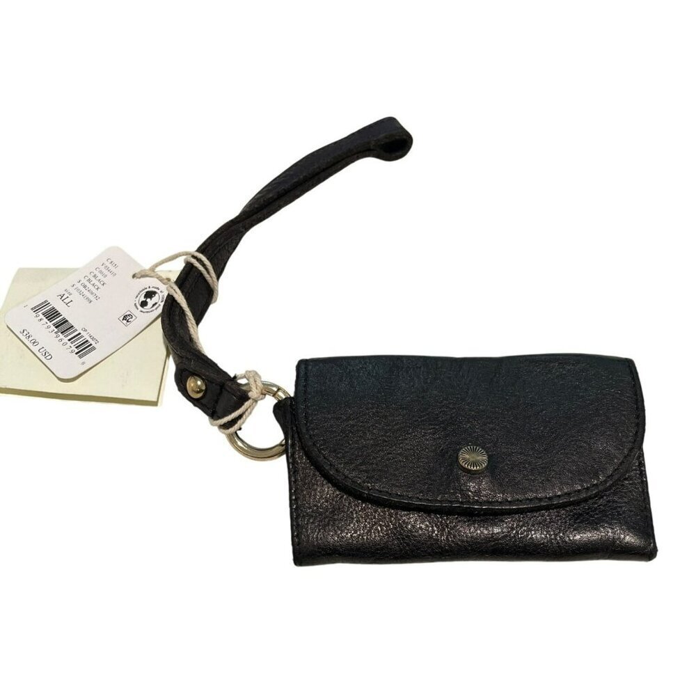 Free People Black Leather Tri Fold Wallet Wristlet Keychain NWT